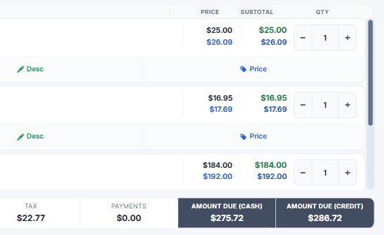 The Syncrostore register showing the cash price and card price side by side