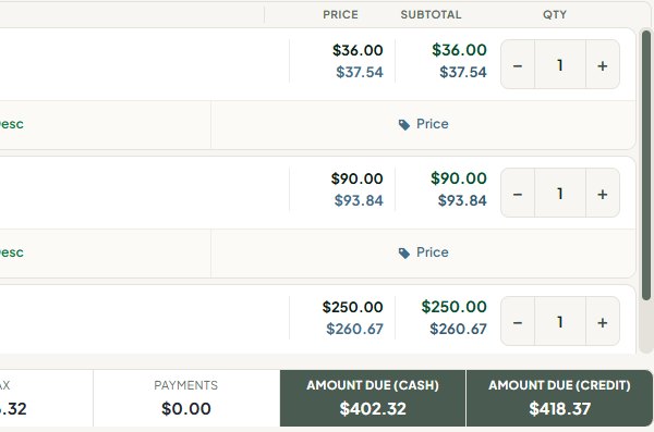 The Syncrostore register showing the cash price and card price side by side