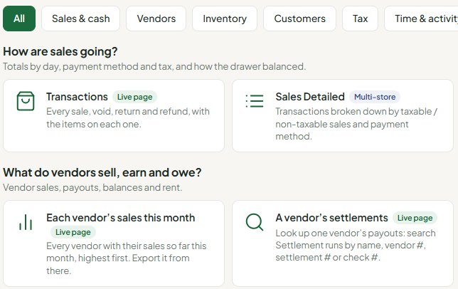 The Syncrostore reporting screen with sales, tax and vendor performance reports