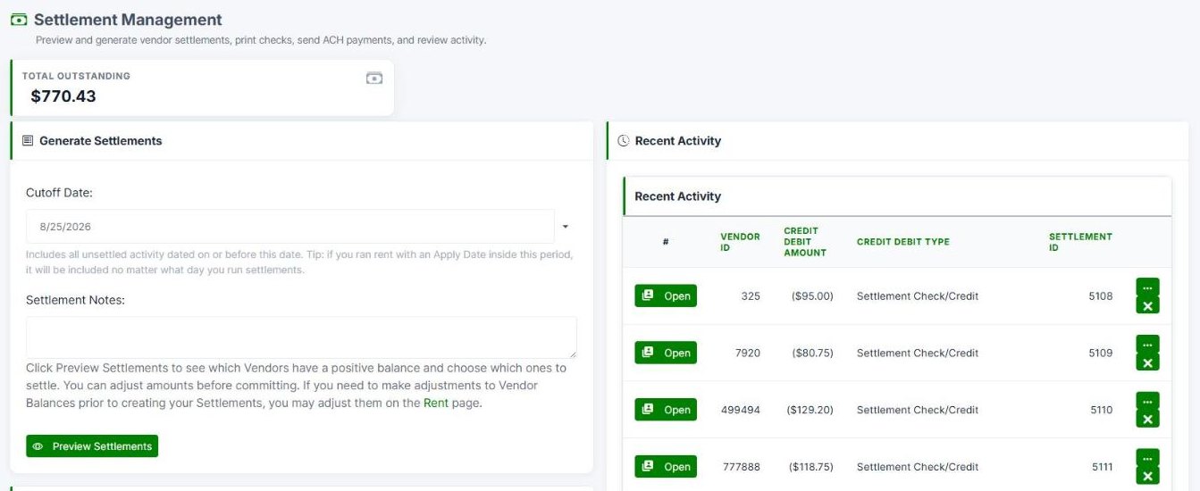 A settlement run in Syncrostore, with the cycle totals and each vendor's payout