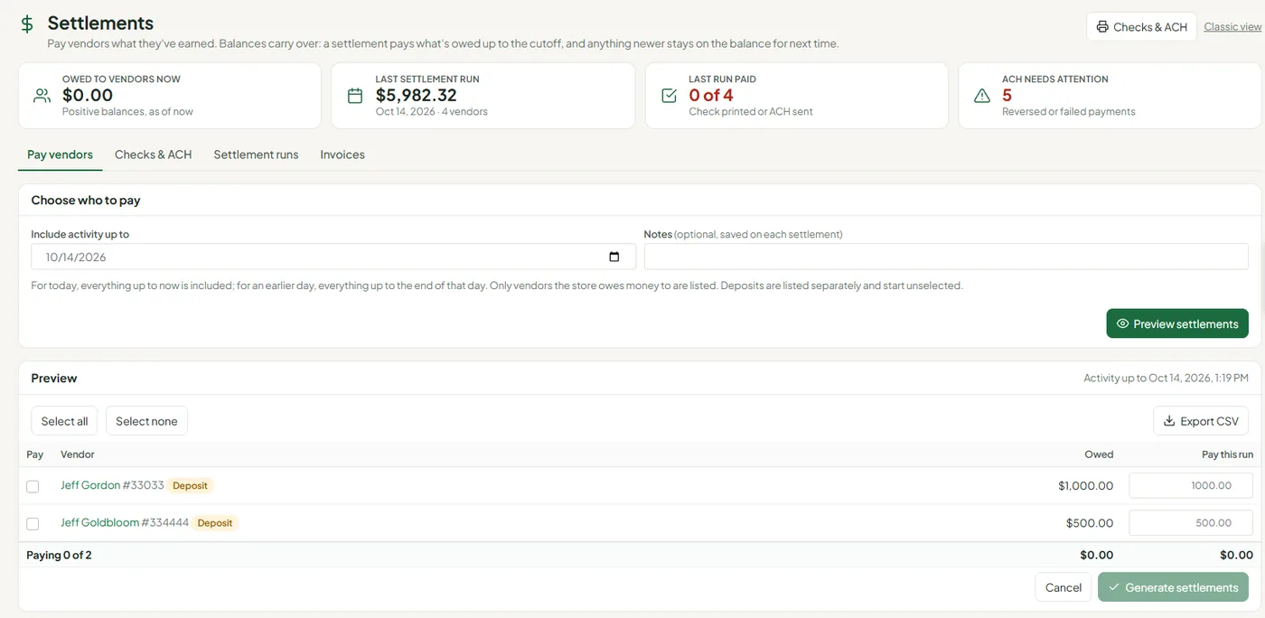 A settlement run in Syncrostore, with the cycle totals and each vendor's payout