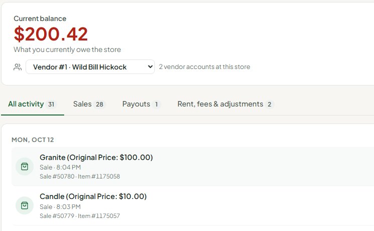 A vendor ledger in Syncrostore showing the running balance with each debit and credit itemized