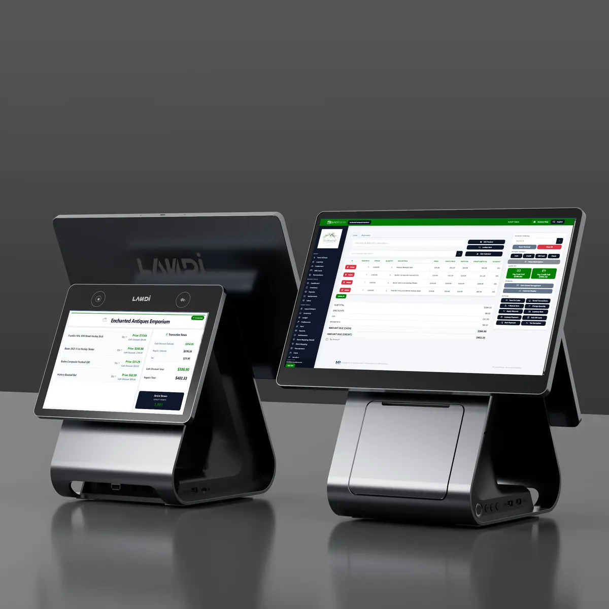 Syncrostore running on a dual-screen POS terminal with customer-facing display