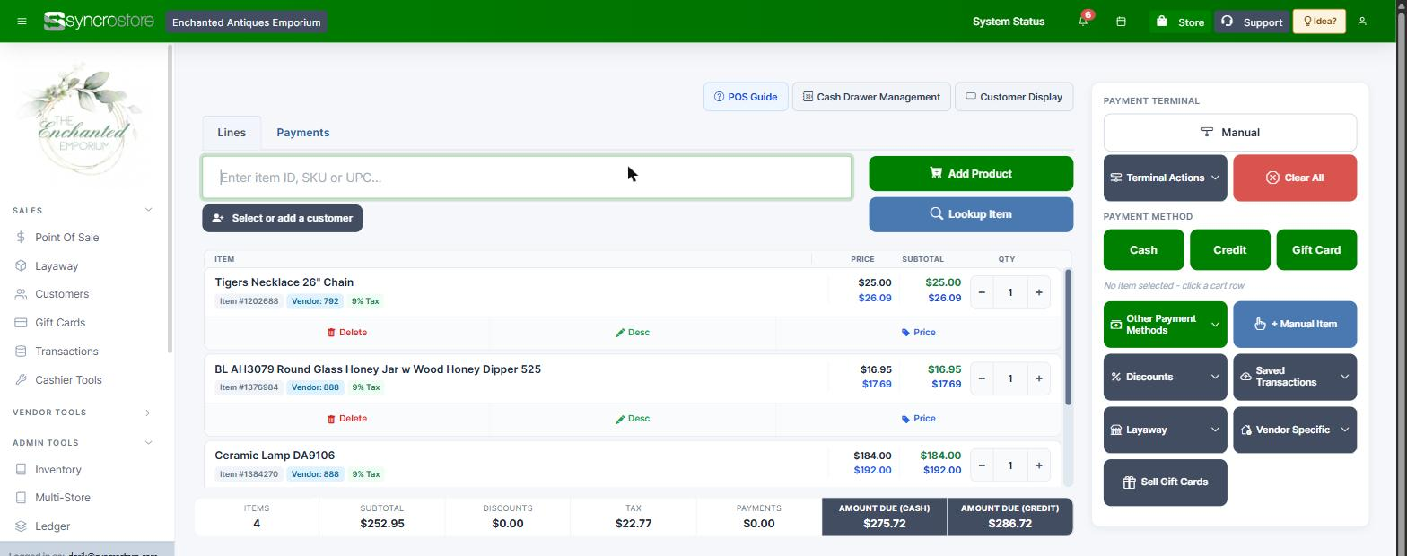 The Syncrostore register with a four-item basket, each line tagged to its vendor, and cash and card totals side by side