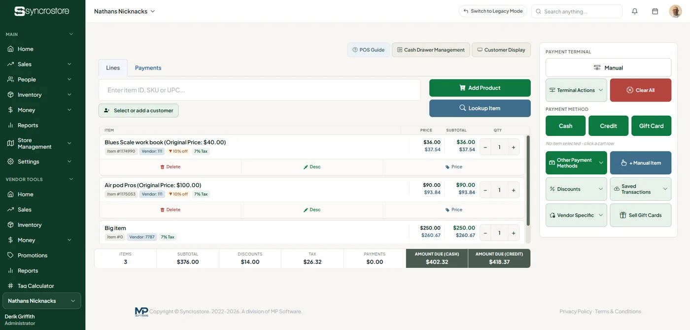 The Syncrostore register with several items, each attributed to its vendor, and cash and card totals