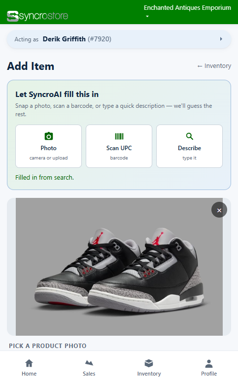 The Syncrostore mobile intake screen: photo, scan UPC, or describe an item and SyncroAI fills in the rest