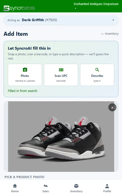 The Syncrostore mobile Add Item screen: photo, scan UPC, or describe an item and SyncroAI fills in the rest