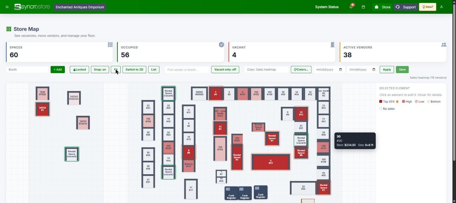 A 2D antique mall store map colored by sales, with booth numbers and vacant spaces outlined