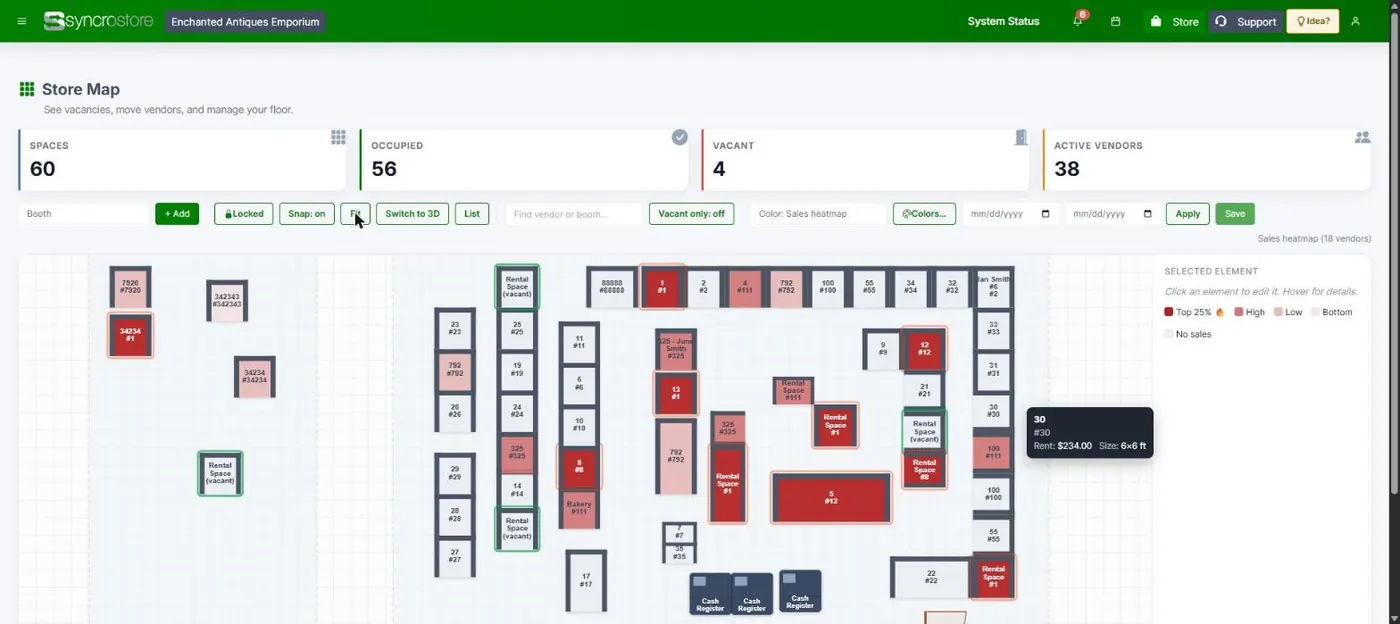 A 2D antique mall store map colored by sales, with booth numbers and vacant spaces outlined