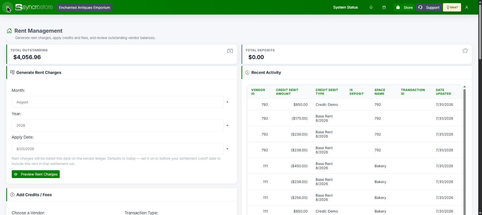 Rent management showing total outstanding rent and base rent charges applied per vendor space