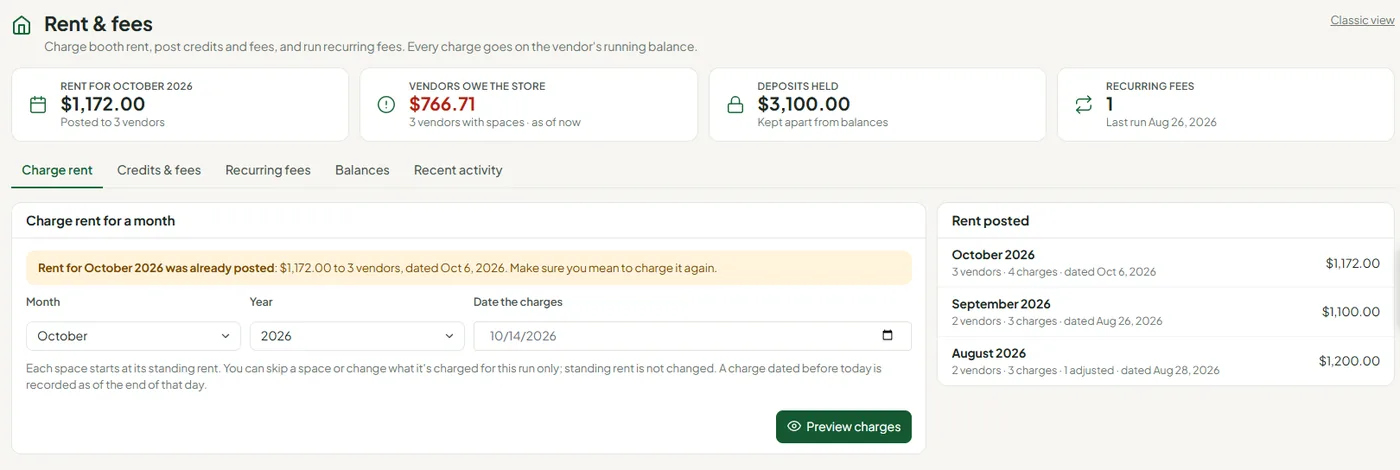 Rent management: rent posted for the month, what vendors owe, and the form to charge the next cycle