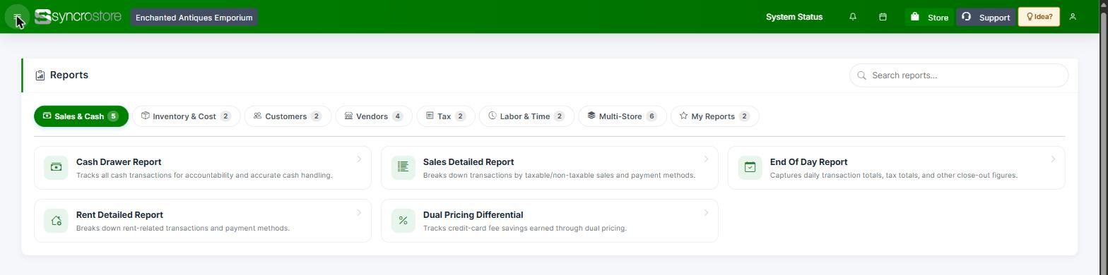 The Syncrostore reports library, grouped into sales and cash, inventory, customers, vendors, tax, labor and multi-store