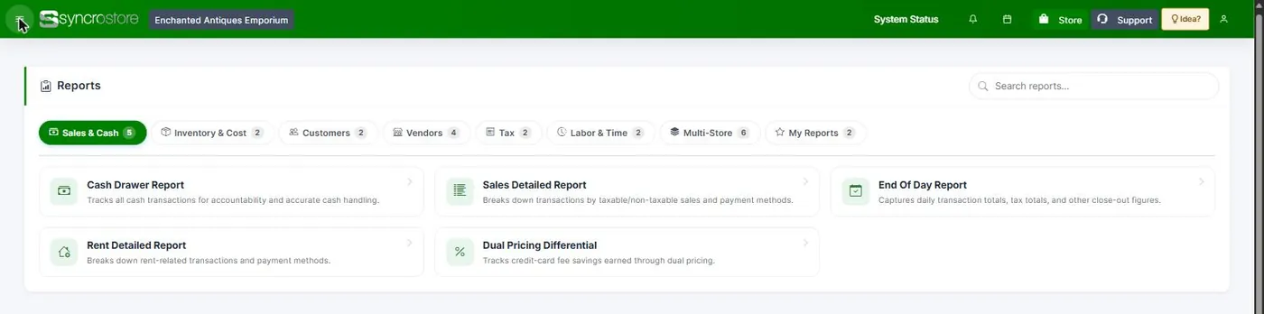 The Syncrostore reports library, grouped into sales, inventory, customers, vendors, tax, labor, and multi-store