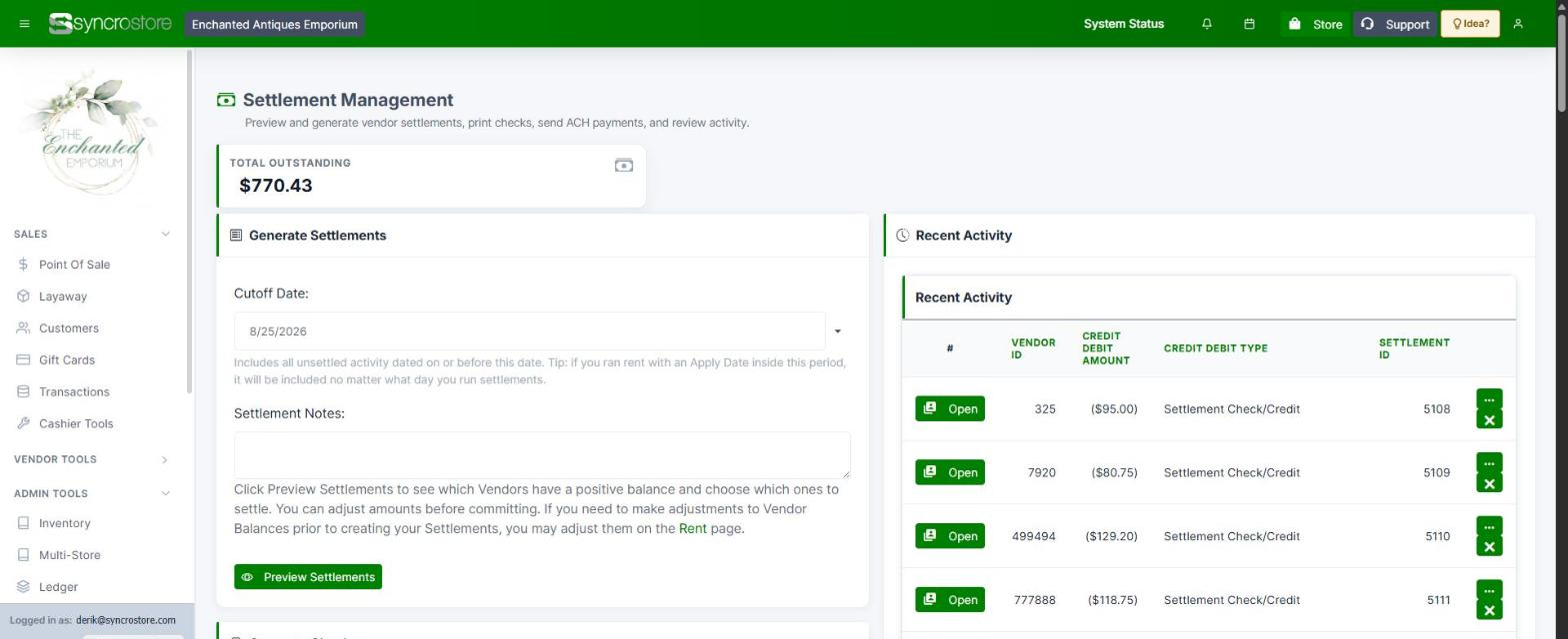 The Syncrostore settlement screen: outstanding balance, a cutoff date, and settlement records per vendor