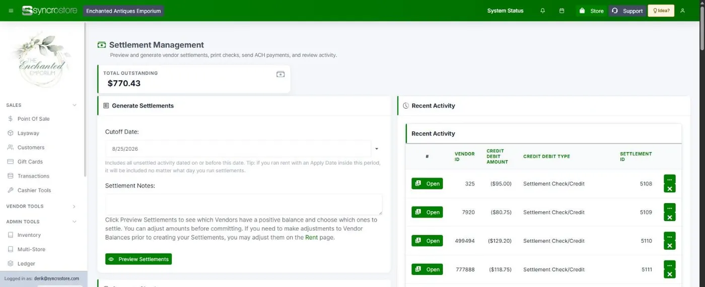 The Syncrostore settlement screen showing outstanding balance and settlement records per vendor