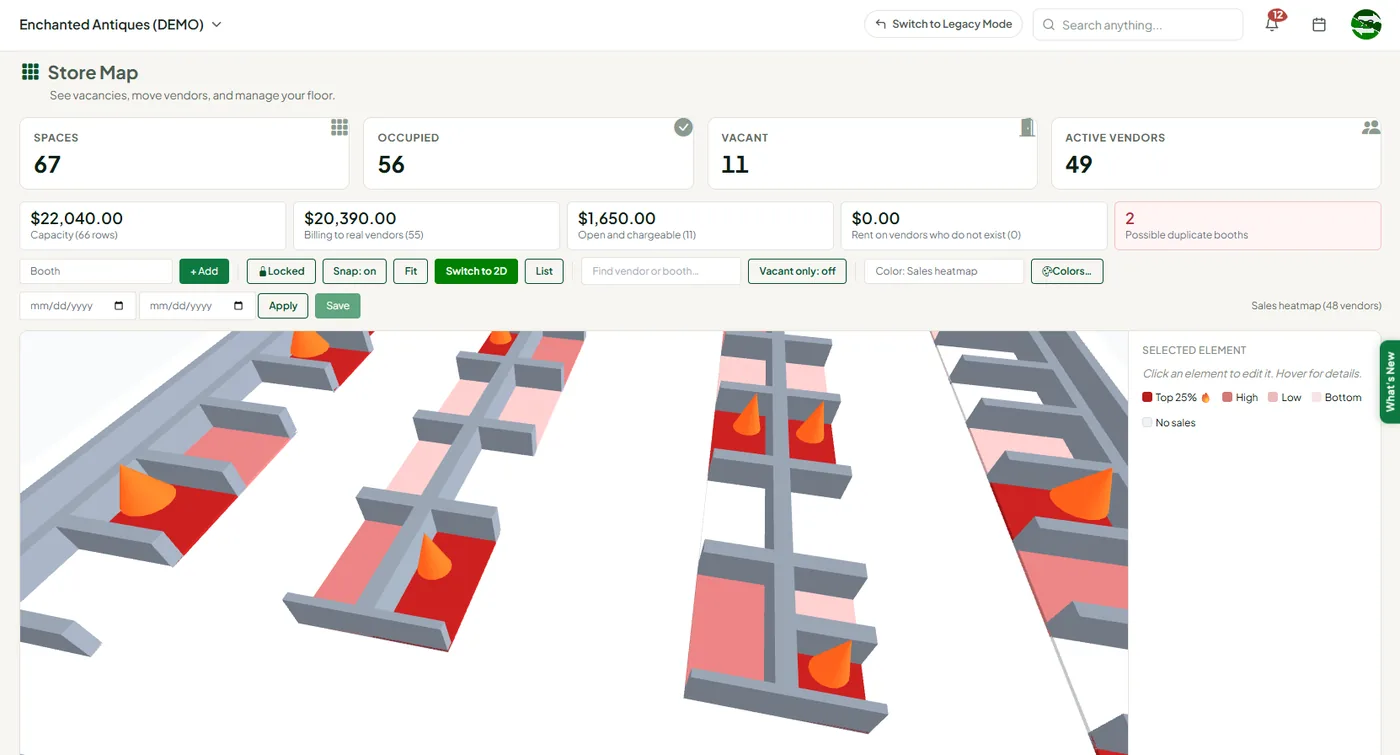 A Syncrostore 3D store map of a vendor mall, with booths shaded by sales