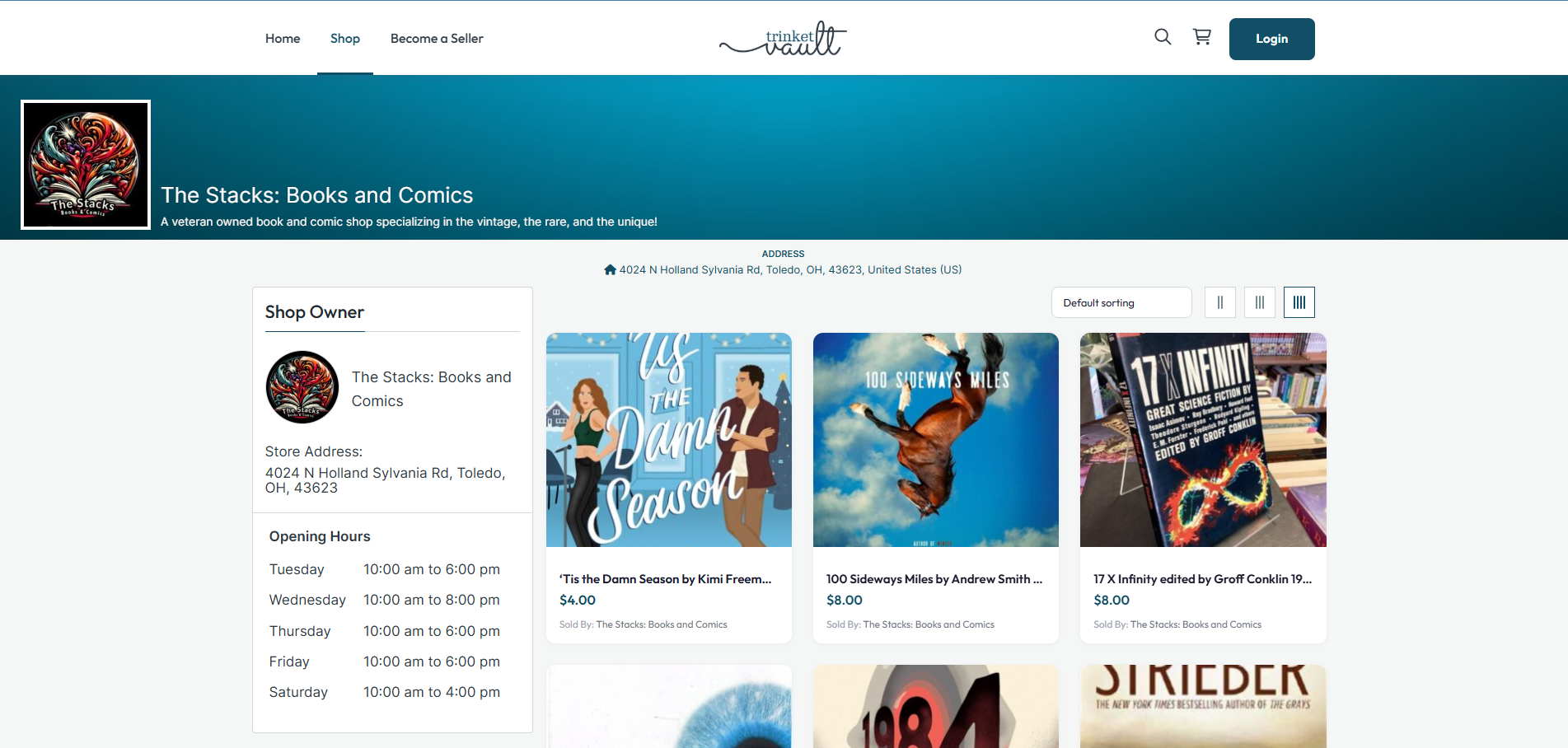 A TrinketVault storefront listing items from several vendors