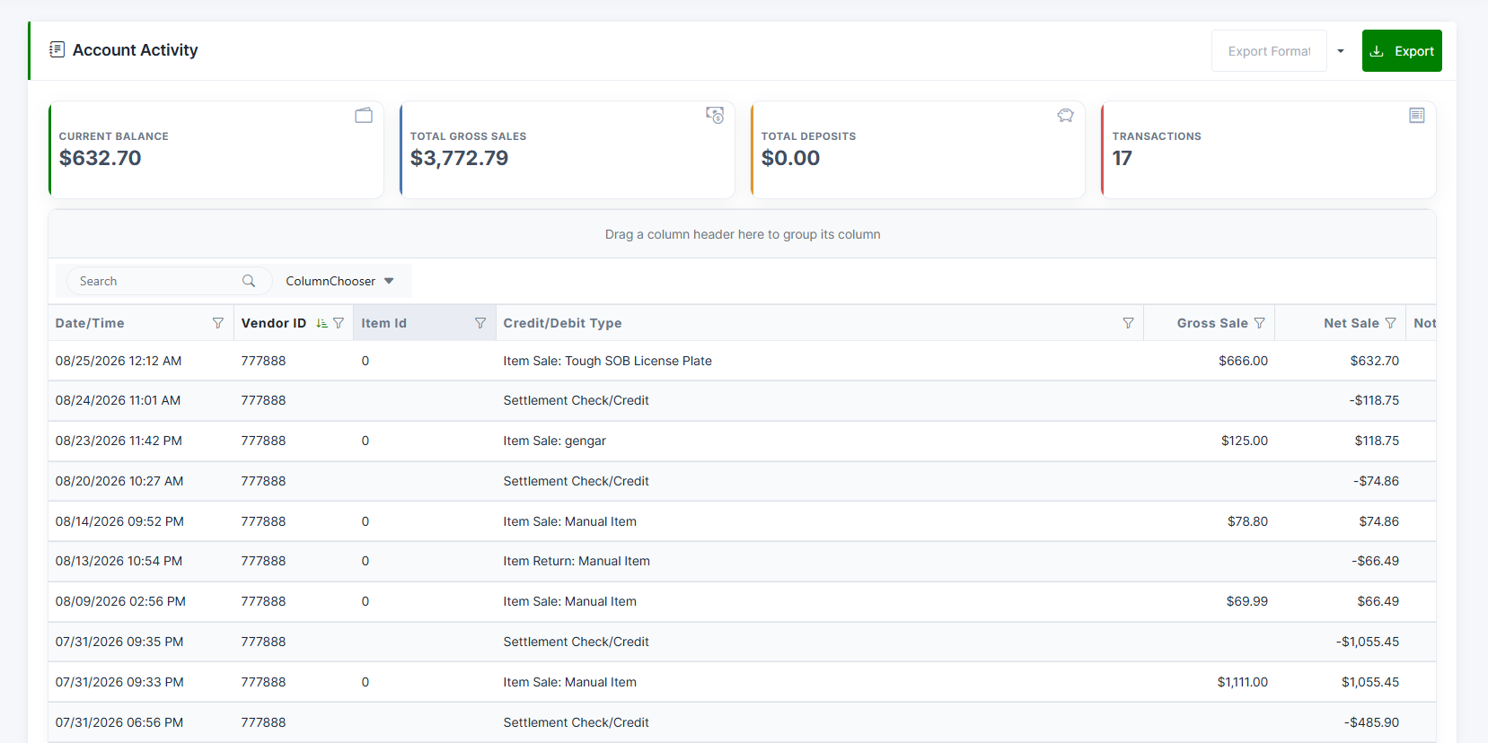 A vendor ledger showing running balance, gross sales, and every debit and credit itemized
