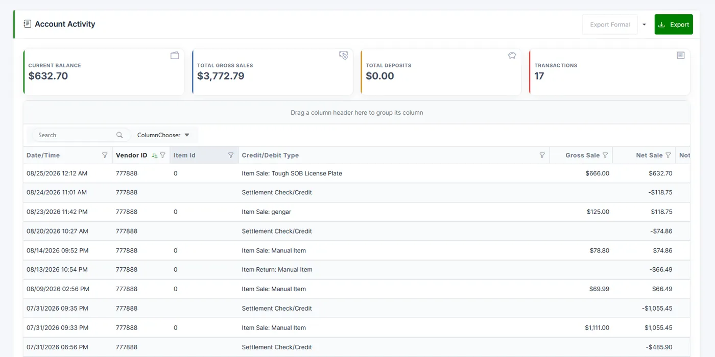 A vendor ledger showing running balance, gross sales, and every debit and credit itemized