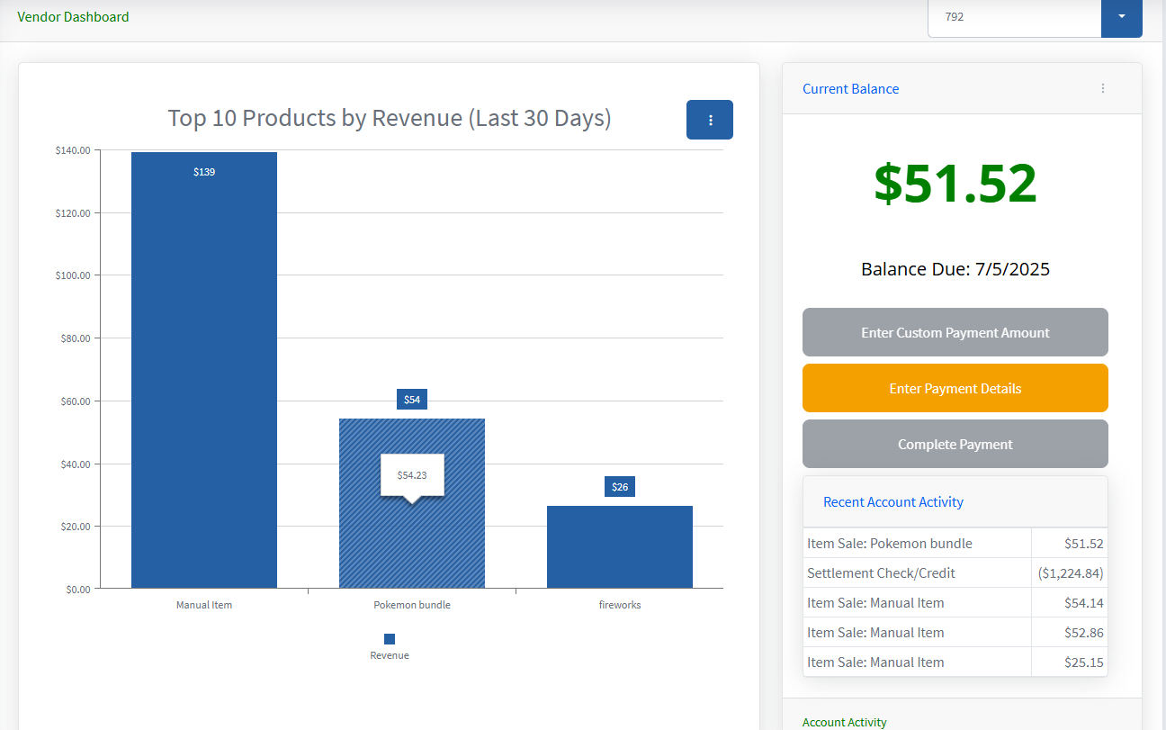 vendor dashboard screen Vendor Account System